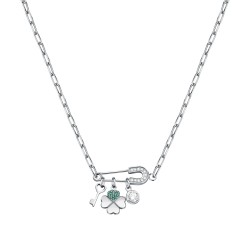 NECKL.SAFETY PIN SS+4LEAF CLOVER WITH CZ